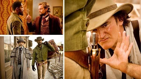 Leonardo DiCaprio, Christoph Waltz and Jamie Foxx appear in a scenes from the 2012 movie 'Django Unchained.' / Quentin Tarantino is pictured in a publicity photo for 'Django Unchained.'