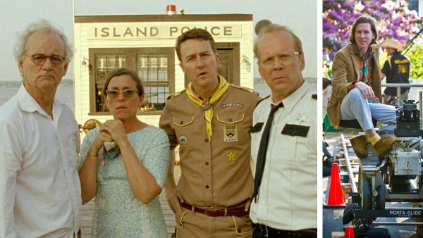 Bill Murray, Frances McDormand, Edward Norton and Bruce Willis appear in a scene from the 2012 film 'Moonrise Kingdom.' / Wes Anderson appears on the set of 'Moonrise Kingdom,' as seen in this publicity photo.