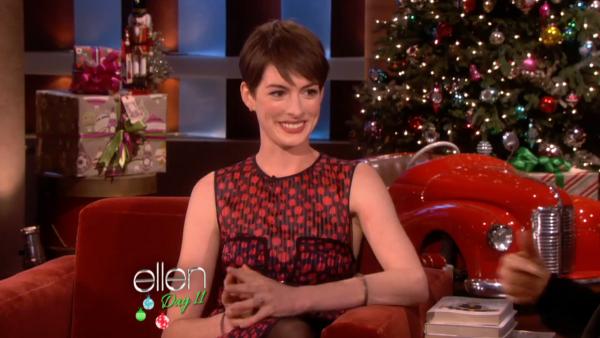 Anne Hathaway appears in an interview on the Ellen DeGeneres show on December 17, 2012. - Provided courtesy of NBC Anne Hathaway appears in an interview on the Ellen DeGeneres show on December 17, 2012. - Provided courtesy of NBC