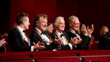 L to R: Led Zeppelin members John Paul Jones, Robert Plant and Jimmy Page and David Letterman of CBS Late Show are seen in the audience of the 35th annual Kennedy Center Honors ceremony on Dec. 2, 2012. The event aired on CBS on December 26. - Provided courtesy of John Paul Filo / CBS
