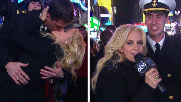 Jenny McCarthy kisses and poses with U.S. Navy member Benjamin Moore on Dick Clarks New Years Rockin Eve on Dec. 31, 2012. - Provided courtesy of Dick Clark Productions / ABC Jenny McCarthy kisses and poses with U.S. Navy member Benjamin Moore on Dick Clarks New Years Rockin Eve on Dec. 31, 2012. - Provided courtesy of Dick Clark Productions / ABC