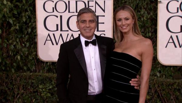 George Clooney and Stacy Keibler appear at the 2013 Golden Globe Awards in Beverly Hills, California on Jan. 13, 2013.