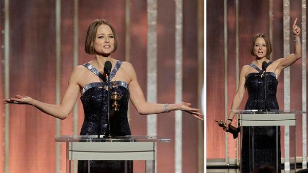 Jodie Foster gives a passionate speech referencing her former female partner and acting future after receiving the Cecil B. Demille Award during the 70th Annual Golden Globe Awards held at the Beverly Hilton Hotel on Jan. 13, 2013. - Provided courtesy of Paul Drinkwater / NBC