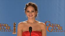 Jennifer Lawrence talks to reporters backstage at the 2013 Golden Globes on Jan. 13, 2013.