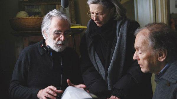 Jean-Louis Trintignant, Michael Haneke and Emmanuelle Riva appear in a promotional photo for 'Amour.'