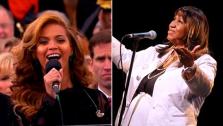 Beyonce performs the national anthem after President Barack Obamas ceremonial swearing-in ceremony during the 57th Presidential Inauguration. / Aretha Franklin performs during A Tribute to Marvin Hamlisch on Tuesday, Sept. 18, 2012 in New York. - Provided courtesy of ABC News / Jason DeCrow/Invision/AP Images