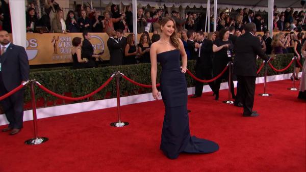Jennifer Lawrence poses on the red carpet at the 2013 SAG Awards in Los Angeles on Jan. 27, 2012.