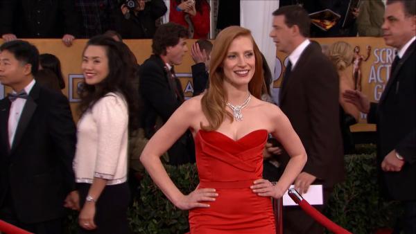 Jessica Chastain poses on the red carpet at the 2013 SAG Awards in Los Angeles on Jan. 27, 2012.