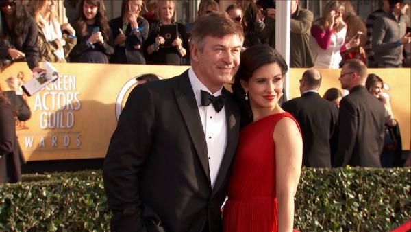 Alec Baldwin and wife Hilaria Thomas pose on the red carpet at the 2013 SAG Awards in Los Angeles on Jan. 27, 2012.