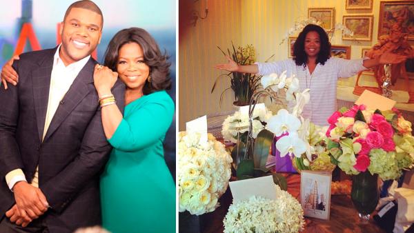 Tyler Perry and Oprah Winfrey appear in a publicity photo provided by OWN on Oct. 1, 2012. / Oprah Winfrey poses with birthday flowers on January 30, 2013. - Provided courtesy of OWN / Instagram.com/oprah