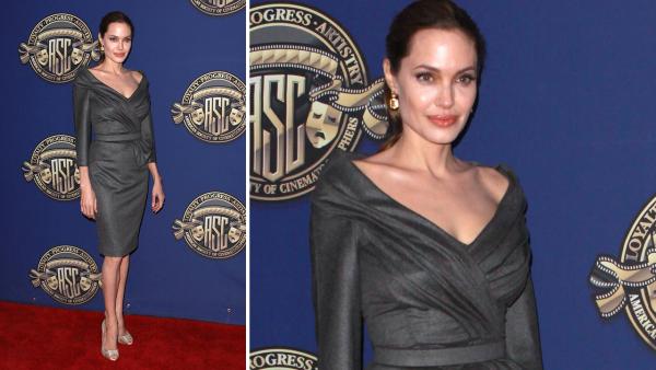 Angelina Jolie wears a gray Atelier Versace dress to the American Society of Cinematographers 27th Annual Outstanding Achievement Awards on Feb. 10, 2013. - Provided courtesy of Versace Angelina Jolie wears a gray Atelier Versace dress to the American Society of Cinematographers 27th Annual Outstanding Achievement Awards on Feb. 10, 2013. - Provided courtesy of Versace