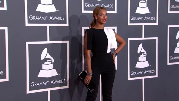 Beyonce wears a black and white Osman Spring 2013 jumpsuit on the 2013 Grammy Awards red carpet on Feb. 10, 2013.