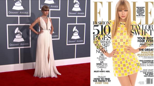 Taylor Swift wears a Grecian gown on the 2013 Grammy Awards red carpet on Feb. 10, 2013. / Taylor Swift appears on the cover of ELLE magazines March 2013 issue. - Provided courtesy of OTRC / Hachette Filipacchi Media / ELLE Taylor Swift wears a Grecian gown on the 2013 Grammy Awards red carpet on Feb. 10, 2013. / Taylor Swift appears on the cover of ELLE magazines March 2013 issue. - Provided courtesy of OTRC / Hachette Filipacchi Media / ELLE