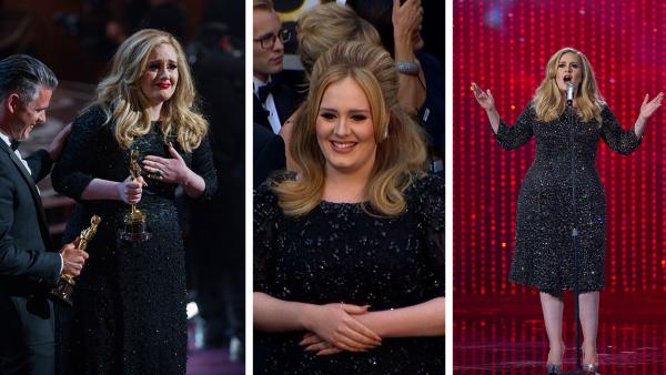 Adele holds her Oscar for Best Original Song at the 2013 Oscars on February 24. / Adele walks the red carpet at the 2013 Oscars. / Adele performs at the 2013 Oscars. - Provided courtesy of Darren Decker / OTRC / Michael Yada / A.M.P.A.S.