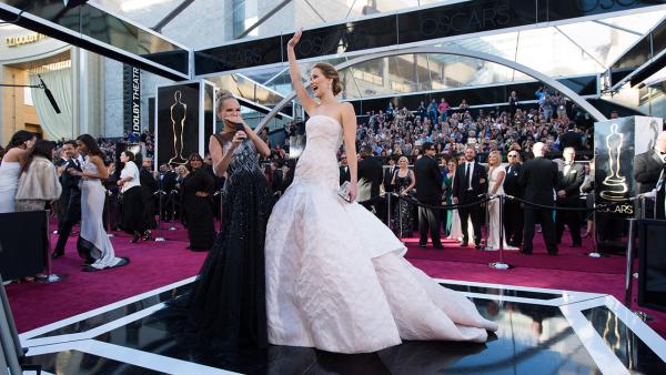 Jennifer Lawrence is interviewed by Kristin Chenoweth upon her arrival for The Oscars at the Dolby Theatre in Hollywood on Feb. 24, 2013. - Provided courtesy of Matt Brown / A.M.P.A.S.