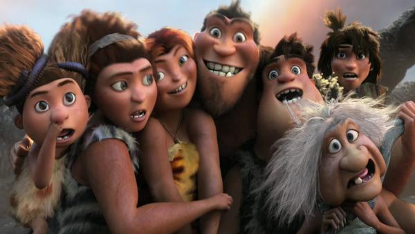The animated cast appear in a scene from the 2013 film The Croods. - Provided courtesy of Dreamworks