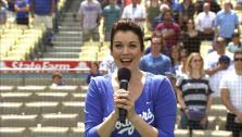 Scandals Bellamy Young sings the national anthem at a Los Angeles Dodgers game on April 7, 2013. - Provided courtesy of OTRC