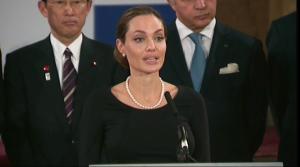 Angelina Jolie talks during a news conference regarding sexual violence against women in conflict, during the G8 Foreign Ministers meeting in London, Thursday, April, 11, 2013. - Provided courtesy of OTRC