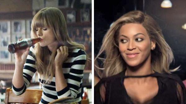 Taylor Swift appears in a 2013 Diet Coke ad. / Beyonce appears a 2013 Pepsi commercial. - Provided courtesy of Coca Cola Company / PepsiCo Taylor Swift appears in a 2013 Diet Coke ad. / Beyonce appears a 2013 Pepsi commercial. - Provided courtesy of Coca Cola Company / PepsiCo