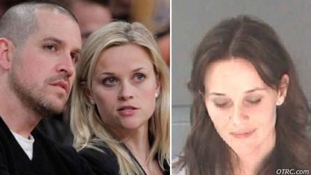Actress Reese Witherspoon, right, and her fiance, Jim Toth, watch an NBA basketball game on Tuesday, Jan. 4, 2011. / Reese Witherspoon appears in a photo from a mugshot taken on April 20, 2013.
