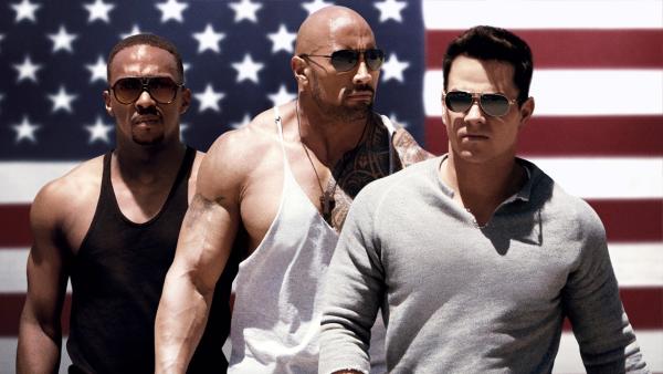 Mark Wahlberg, Dwayne Johnson and Anthony Mackie appear in a scene of the 2013 movie Pain & Gain. - Provided courtesy of Paramount Pictures