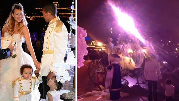 Mariah Carey and Nick Cannon are seen in wedding attire at Disneyland on April 30, 2013. / Mariah Carey makes a grand entrance to the wedding vow renewal ceremony. - Provided courtesy of twitter.com/MariahCarey/status/329578304510238720/photo/1 / pic.twitter.com/hfLA3LMjtZ / vine.co/v/bQuZxh1eaWh