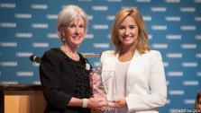 Singer Demi Lovato and U.S. Department of Health and Human Services Secretary Kathleen Sebelius appear at the National Childrens Mental Health Awareness Day press event held in Washington, D.C. on May 7, 2013. - Provided courtesy of samhsa.gov