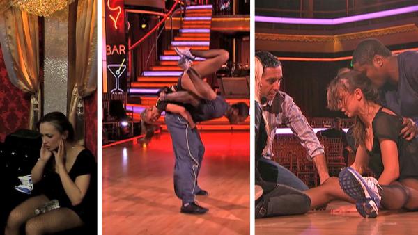 Karina Smirnoff suffers an injury during a rehearsal with Jacoby Jones on May 12, 2013. The two are among five pairs left in the competition for season 16.