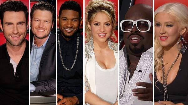 L-R: The Voice coaches Adam Levine, Blake Shelton, Usher, Shakira, CeeLo Green and Christina Aguilera appear on the NBC show in 2012 and 2003. - Provided courtesy of Trae Patton / NBC L-R: The Voice coaches Adam Levine, Blake Shelton, Usher, Shakira, CeeLo Green and Christina Aguilera appear on the NBC show in 2012 and 2003. - Provided courtesy of Trae Patton / NBC
