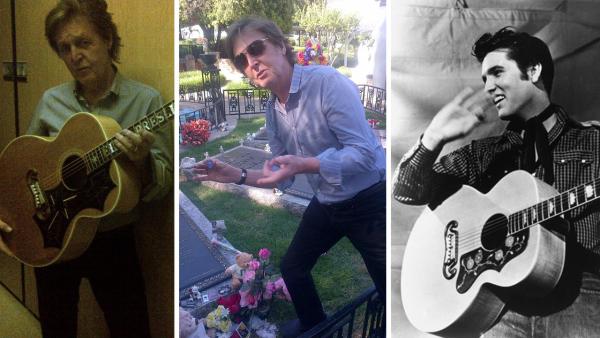 Paul McCartney holds one of Elvis guitars at Graceland in Memphis, Tennessee on May 26, 2013. / Paul McCartney holds a guitar pick over the grave of Elvis Presley. / Elvis Presley appears with his Gibson J-200 guitar in 1957. - Provided courtesy of twitter.com/PaulMcCartney/status/338788693458440193/photo/1 / America.gov Paul McCartney holds one of Elvis guitars at Graceland in Memphis, Tennessee on May 26, 2013. / Paul McCartney holds a guitar pick over the grave of Elvis Presley. / Elvis Presley appears with his Gibson J-200 guitar in 1957. - Provided courtesy of twitter.com/PaulMcCartney/status/338788693458440193/photo/1 / America.gov