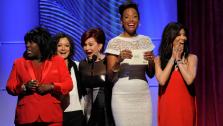 Presenters, from left, Sheryl Underwood, Sara Gilbert, Sharon Osbourne, Aisha Tyler and Julie Chen react after receiving the incorrect results on stage at the 40th Annual Daytime Emmy Awards on Sunday, June 16, 2013, in Beverly Hills, Calif. - Provided courtesy of Chris Pizzello/Invision/AP