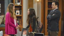 L and R: Danielle Fishel and Ben Savage reprise their roles as Topanga and Cory from Boy Meets World in spinoff Girl Meets World. They are pictured in a scene from the pilot. In the middle is their on-screen daughter, Riley, played by Rowan Blanchard. - Provided courtesy of Eric McCandless / Disney Channel