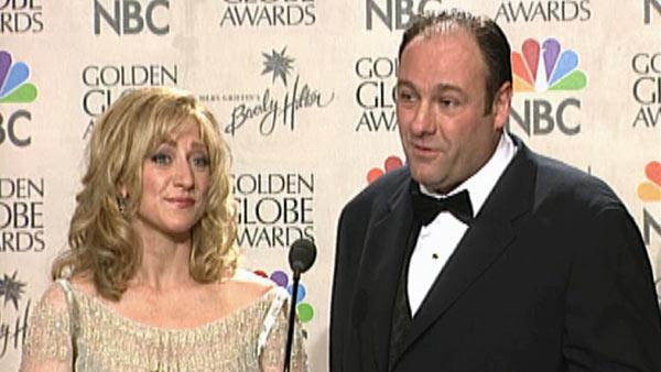 Edie Falco and James Gandolfini talk to reporters backstage at the 2000 Golden Globe Awards. The two won individual awards for their leading roles in The Sopranos, while the HBO series was also deemed Best TV Series - Drama. - Provided courtesy of OTRC Edie Falco and James Gandolfini talk to reporters backstage at the 2000 Golden Globe Awards. The two won individual awards for their leading roles in The Sopranos, while the HBO series was also deemed Best TV Series - Drama. - Provided courtesy of OTRC