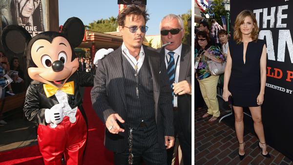 Johnny Depp, Mickey Mouse and Stana Katic of ABCs Castle appear at the premiere of The Lone Ranger in Disneylands California Adventure Park on June 22, 2013. - Provided courtesy of Christopher Polk / WireImage / Walt Disney Company