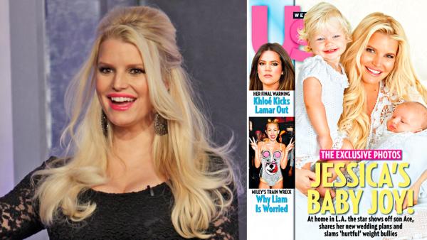Jessica Simpson appears photo from her March 6, 2013, appearance on Jimmy Kimmel Live. / Simpson appears on the Sept. 9, 2013, cover of Us Weekly with son Ace and daughter Maxwell Drew. - Provided courtesy of ABC / Randy Holmes / Us Weekly