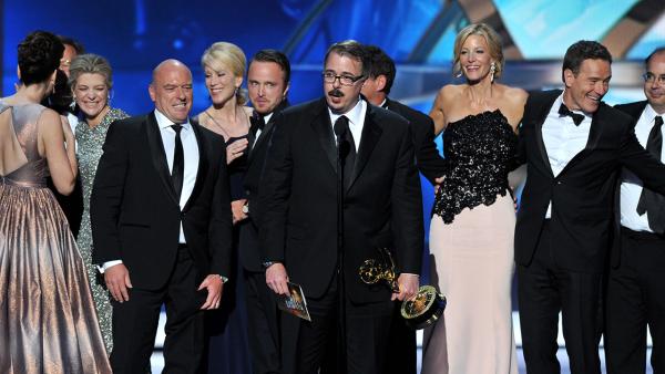 Vince Gilligan, center, and the cast and crew of Breaking Bad accept the award for Outstanding Drama Series at the 65th Primetime Emmy Awards at Nokia Theatre on Sunday Sept. 22, 2013, in Los Angeles. - Provided courtesy of Vince Bucci / Invision for Academy of Television Arts and Sciences / AP Images Vince Gilligan, center, and the cast and crew of Breaking Bad accept the award for Outstanding Drama Series at the 65th Primetime Emmy Awards at Nokia Theatre on Sunday Sept. 22, 2013, in Los Angeles. - Provided courtesy of Vince Bucci / Invision for Academy of Television Arts and Sciences / AP Images