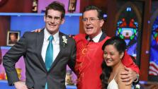 Stephen Colbert, Mike Cassesso and MaiLien Le appear on The Colbert Report on Oct. 3, 2013. - Provided courtesy of Kris Long at The Colbert Report.