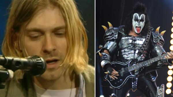 Kurt Cobain performs on MTV Unplugged in New York in 1994. / Kiss bass guitarist Gene Simmons performs with Kiss at Verizon Wireless Amphitheater in Irvine, California on Aug. 14, 2012. - Provided courtesy of Geffen Records / MTV / Kelly A. Swift / Startraksphoto.com Kurt Cobain performs on MTV Unplugged in New York in 1994. / Kiss bass guitarist Gene Simmons performs with Kiss at Verizon Wireless Amphitheater in Irvine, California on Aug. 14, 2012. - Provided courtesy of Geffen Records / MTV / Kelly A. Swift / Startraksphoto.com
