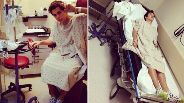 Austin Mahone is seen on a hospital bed in these Instagram photos he and his mother Michele shared on Oct. 17, 2013. He was hospitalized with flu symptoms. - Provided courtesy of instagram.com/austinmahone / instagram.com/michelemahone Austin Mahone is seen on a hospital bed in these Instagram photos he and his mother Michele shared on Oct. 17, 2013. He was hospitalized with flu symptoms. - Provided courtesy of instagram.com/austinmahone / instagram.com/michelemahone