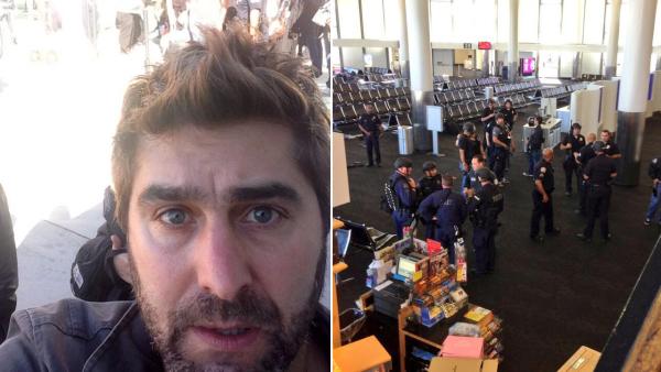 Tory Belleci of Mythbusters appears in a photo posted on his official Twitter account on Nov. 1, 2013. / Authorties appear at Los Angeles International Airport Terminal 3 in a photo posted by Grant Imahara on Twitter on Nov. 1, 2013. - Provided courtesy of Twitter.com/ToryBelleci / Twitter.com/GrantImahara Tory Belleci of Mythbusters appears in a photo posted on his official Twitter account on Nov. 1, 2013. / Authorties appear at Los Angeles International Airport Terminal 3 in a photo posted by Grant Imahara on Twitter on Nov. 1, 2013. - Provided courtesy of Twitter.com/ToryBelleci / Twitter.com/GrantImahara