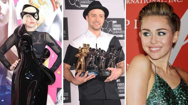 Lady Gaga appears at an Artpop release party in New York City on Nov. 10, 2013. Justin Timberlake appears at the 2013 MTV VMAs on Aug. 25, 2013. Miley Cyrus appears at 30th Annual Night of Stars Galaxy in New York City on Oct. 22, 2013. - Provided courtesy of Kristina Bumphrey / Humberto Carreno / Dave Allocca / Startraksphoto.com Lady Gaga appears at an Artpop release party in New York City on Nov. 10, 2013. Justin Timberlake appears at the 2013 MTV VMAs on Aug. 25, 2013. Miley Cyrus appears at 30th Annual Night of Stars Galaxy in New York City on Oct. 22, 2013. - Provided courtesy of Kristina Bumphrey / Humberto Carreno / Dave Allocca / Startraksphoto.com