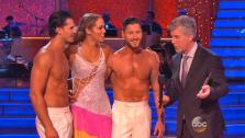 Elizabeth Berkley and Val Chmerkovskiy appear with Gleb Savchenko on Dancing With The Stars week nine on Nov. 11, 2013. - Provided courtesy of ABC