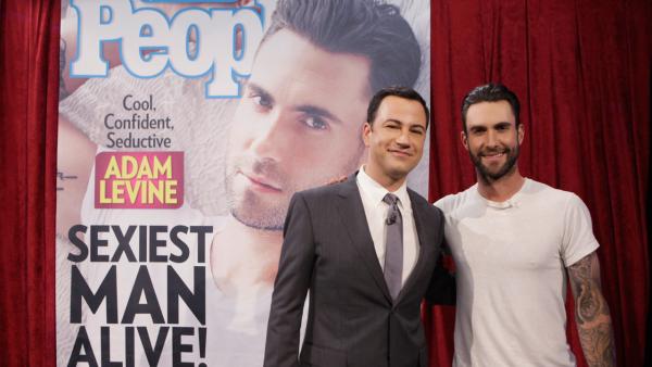 Adam Levine and Jimmy Kimmel appear on Jimmy Kimmel Live on Nov. 20, 2013. - Provided courtesy of ABC / Randy Holmes Adam Levine and Jimmy Kimmel appear on Jimmy Kimmel Live on Nov. 20, 2013. - Provided courtesy of ABC / Randy Holmes