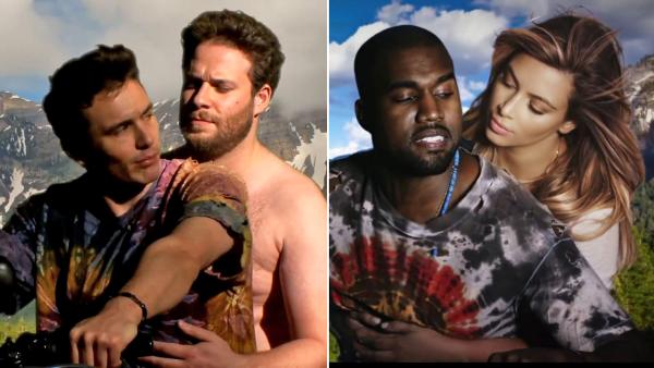 Kanye West and Kim Kardashian appear in the music video for Bound 2, which premiered on The Ellen DeGeneres Show on Nov. 19, 2013. / Seth Rogen and James Franco appear in their Bound 3 parody posted online on Nov. 25, 2013. - Provided courtesy of Roc-A-Fella / Def Jam Records / http://www.youtube.com/watch?vY3TTiHRrEBE Kanye West and Kim Kardashian appear in the music video for Bound 2, which premiered on The Ellen DeGeneres Show on Nov. 19, 2013. / Seth Rogen and James Franco appear in their Bound 3 parody posted online on Nov. 25, 2013. - Provided courtesy of Roc-A-Fella / Def Jam Records / http://www.youtube.com/watch?vY3TTiHRrEBE