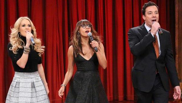 Jimmy Fallon, Rashida Jones and Carrie Underwood appear on Late Night with Jimmy Fallon on Nov. 28, 2013. - Provided courtesy of NBC Jimmy Fallon, Rashida Jones and Carrie Underwood appear on Late Night with Jimmy Fallon on Nov. 28, 2013. - Provided courtesy of NBC
