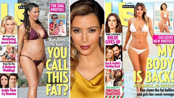 Kim Kardashian appears in a bikini on the cover of Us Weeklys Dec. 25, 2013 issue. / A pregnant Kim Kardashian appears in a bikini on the cover of Us Weeklys May 20, 2013 issue. - Provided courtesy of Us Weekly / Wenner Media Kim Kardashian appears in a bikini on the cover of Us Weeklys Dec. 25, 2013 issue. / A pregnant Kim Kardashian appears in a bikini on the cover of Us Weeklys May 20, 2013 issue. - Provided courtesy of Us Weekly / Wenner Media