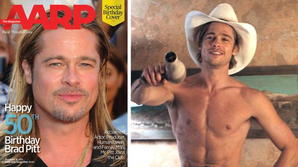 Brad Pitt appears on a special 50th birthday cover of AARP the Magazine on Dec. 18, 2013. / Brad Pitt appears in a scene from the 1991 movie Thelma and Louise. - Provided courtesy of AARP / Jamie McCarthy / Getty Images / MGM Brad Pitt appears on a special 50th birthday cover of AARP the Magazine on Dec. 18, 2013. / Brad Pitt appears in a scene from the 1991 movie Thelma and Louise. - Provided courtesy of AARP / Jamie McCarthy / Getty Images / MGM
