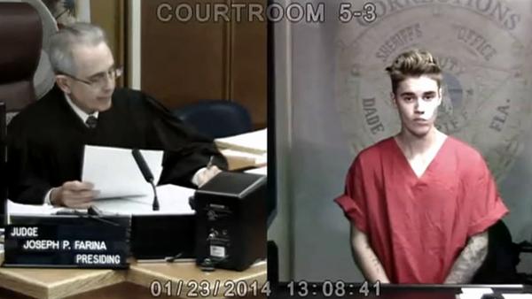 Justin Bieber is seen in a Miami court after he was arrested on Jan. 23, 2014 on suspicion of DUI and drag-racing. He was later released on a $2,500 bond. - Provided courtesy of Miami-Dade Court Justin Bieber is seen in a Miami court after he was arrested on Jan. 23, 2014 on suspicion of DUI and drag-racing. He was later released on a $2,500 bond. - Provided courtesy of Miami-Dade Court