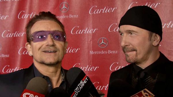 Bono and The Edge of u2 talk to OTRC.com at the Palm Springs International Film Festival in Palm Springs on Jan. 4, 2014. They received the Sonny Bono Visionary Award for their song, Ordinary Love, which is featured in Mandela: Long Walk to Freedom.