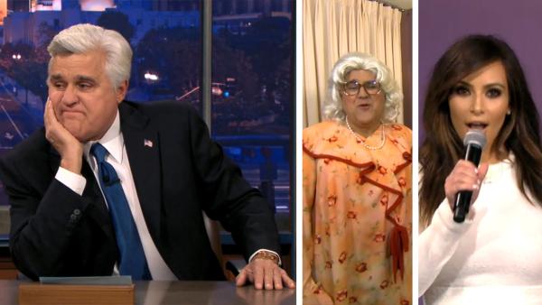 Jay Leno appears on The Tonight Show for the final time as its host on Feb. 6, 2014. The episode featured a slew of celebrity guests, including Kim Kardashian and Tyler Perry (pictured) and also saw Leno dressing in drag. - Provided courtesy of NBC Jay Leno appears on The Tonight Show for the final time as its host on Feb. 6, 2014. The episode featured a slew of celebrity guests, including Kim Kardashian and Tyler Perry (pictured) and also saw Leno dressing in drag. - Provided courtesy of NBC